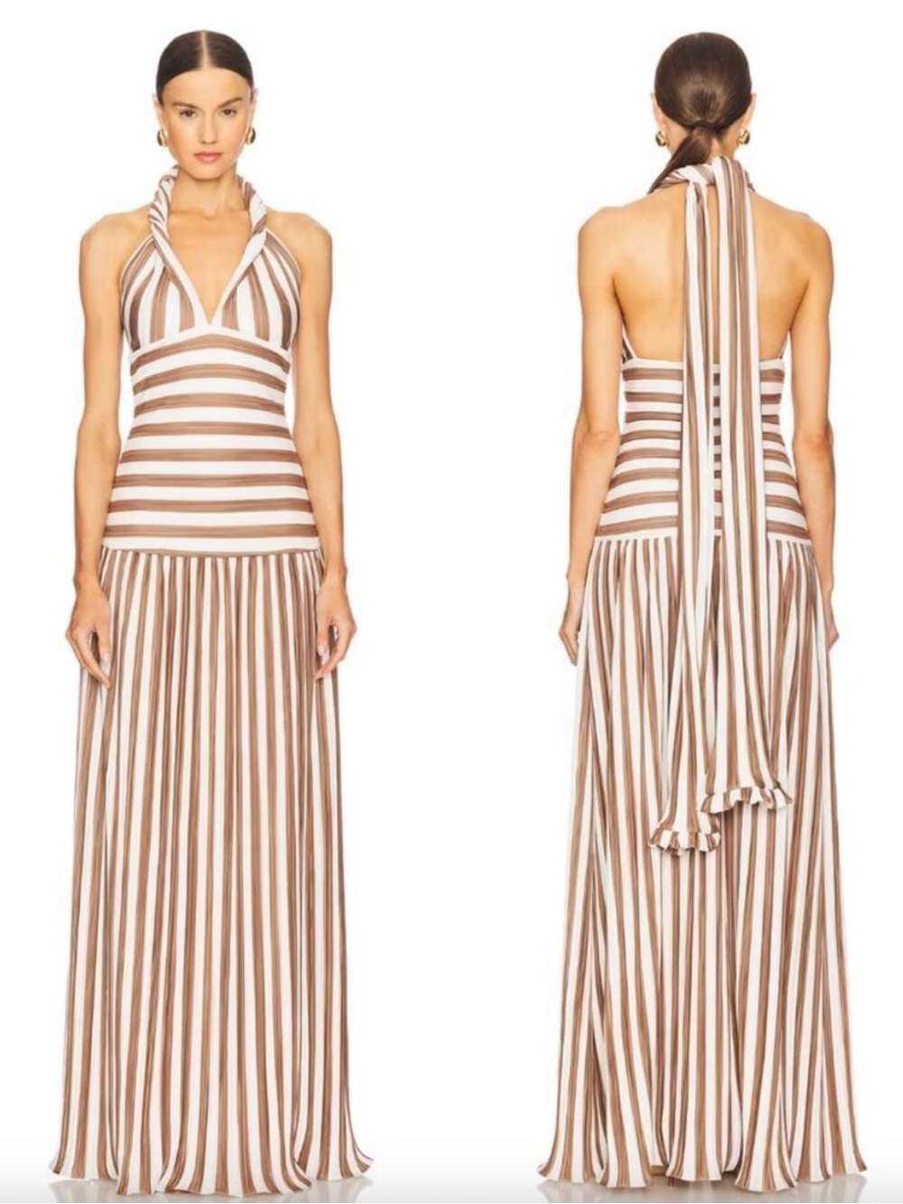 Backless Striped Halter Maxi Dress in Brown and Cream